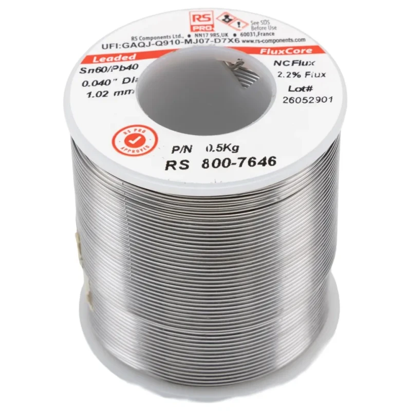 RS PRO Lead Solder Wire 1.01 mm Diameter 60% Tin 40% Lead Rosin Based Flux 183 °C Melting Point 500g 800-7646