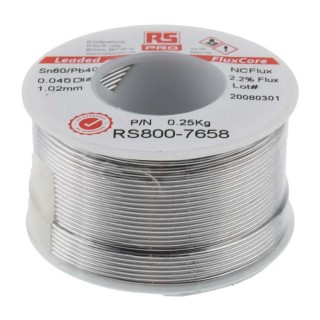 RS PRO Lead Solder Wire 1.01 mm Diameter 60% Tin 40% Lead Rosin Based Flux 183°C Melting Point 250g 800-7658