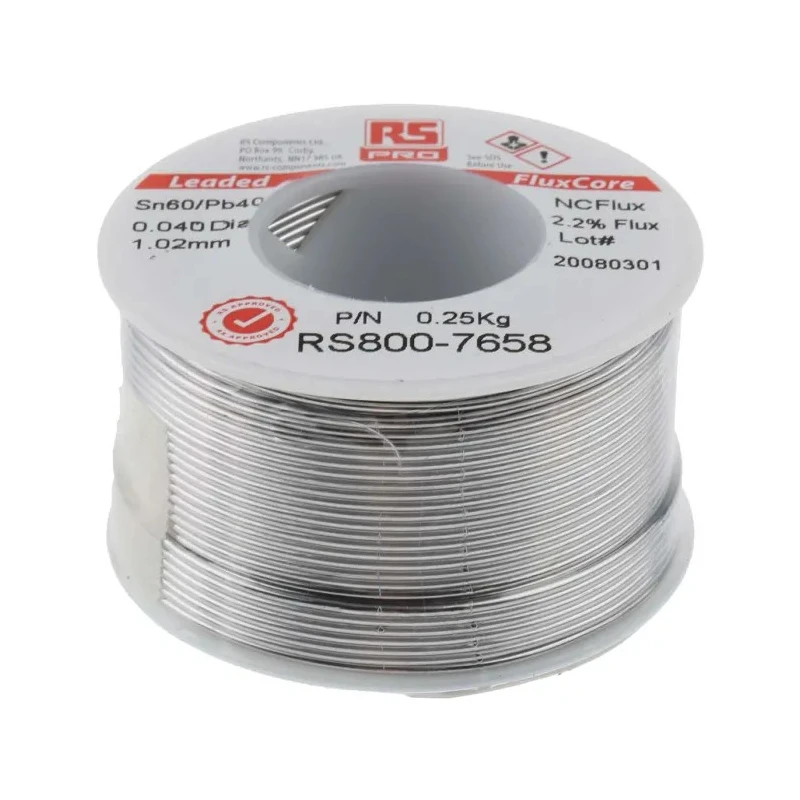 RS PRO Lead Solder Wire 1.01 mm Diameter 60% Tin 40% Lead Rosin Based Flux 183°C Melting Point 250g 800-7658