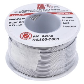 RS PRO Lead Solder Wire 0.71 mm Diameter 40% Lead 60% Tin Colophony Free Flux 183°C Melting Point 250g 800-7661