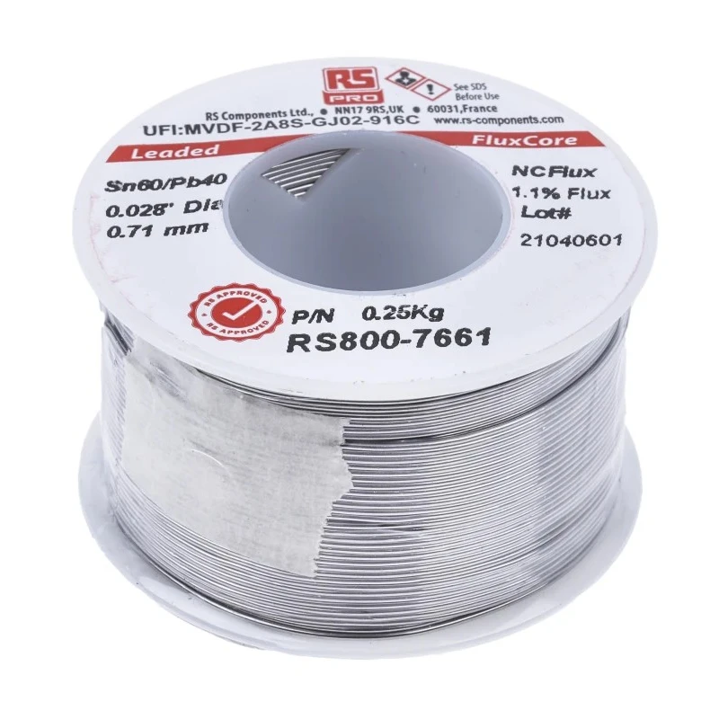 RS PRO Lead Solder Wire 0.71 mm Diameter 40% Lead 60% Tin Colophony Free Flux 183°C Melting Point 250g 800-7661