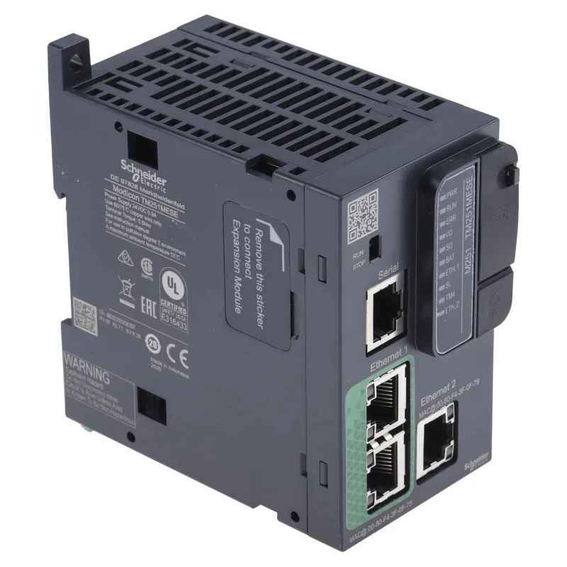 Schneider Electric Modicon TM Series Logic Controller with 128000 Steps Program Capacity, 24V DC, DIN Rail Mount TM251MESE