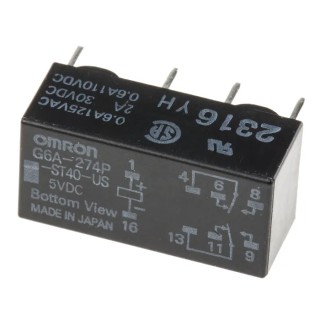 Omron PCB Signal Relay, 5V DC Coil, 2A Switching Current, DPDT Contact Configuration G6A-274P-ST40-US DC5