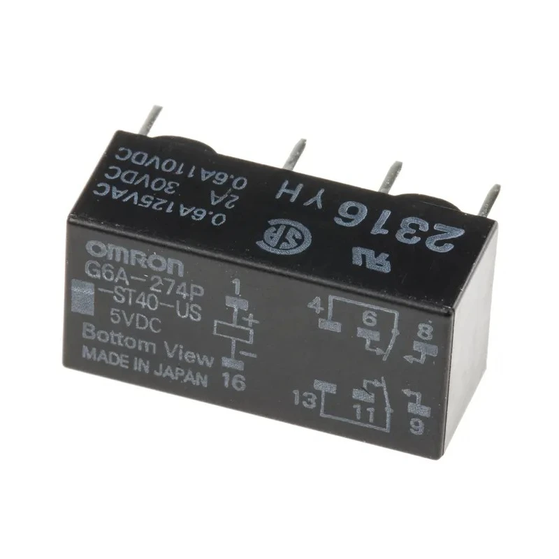 Omron PCB Signal Relay, 5V DC Coil, 2A Switching Current, DPDT Contact Configuration G6A-274P-ST40-US DC5