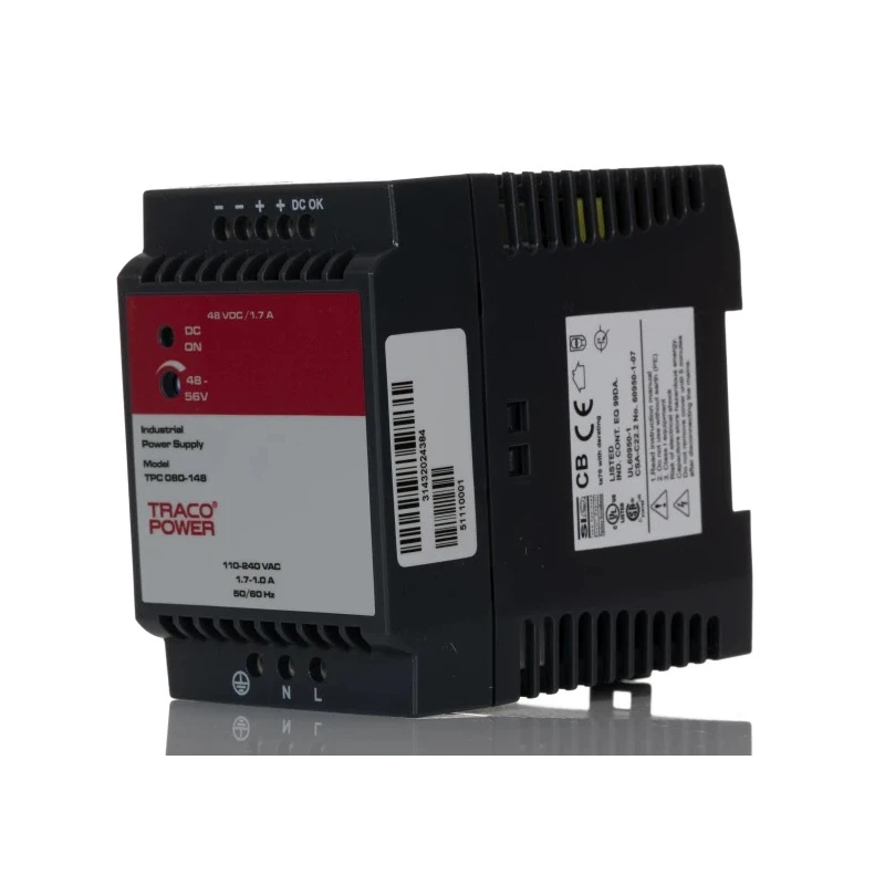 TRACOPOWER Switched Mode DIN Rail Power Supply 1 Phase, AC/DC Input 85-375V, Output 56V DC, 1.7A, 80W TPC 080-148
