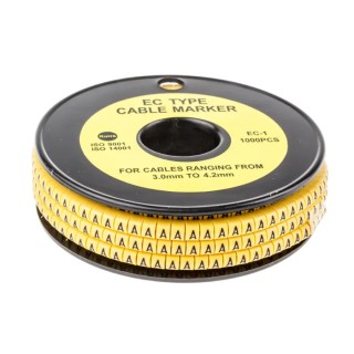RS PRO EC Slide-On Cable Marker, Black Legend "A", Yellow Marker for 3 mm to 4.2 mm Cable Diameter, PVC, Max 812-0830
