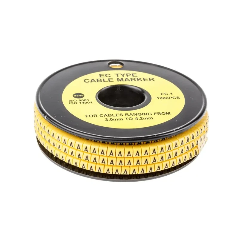 RS PRO EC Slide-On Cable Marker, Black Legend "A", Yellow Marker for 3 mm to 4.2 mm Cable Diameter, PVC, Max 812-0830
