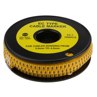 TE Connectivity RS PRO EC Slide-On Cable Marker, Black, Pre-printed "6", Yellow PVC, Fits 3-4.2 mm Cable 812-0821