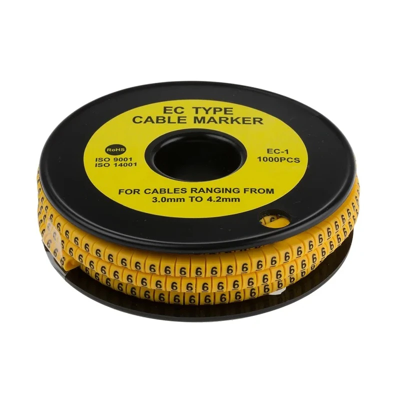TE Connectivity RS PRO EC Slide-On Cable Marker, Black, Pre-printed "6", Yellow PVC, Fits 3-4.2 mm Cable 812-0821