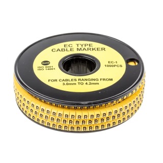 RS PRO EC Slide-On Cable Marker, Black, Pre-printed "B", Yellow Marker for 3 to 4.2 mm Cable, PVC Material, 85°C 812-0834