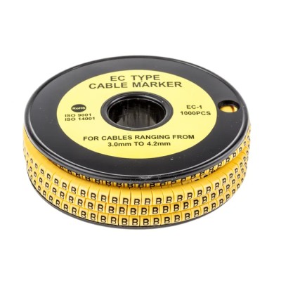 RS PRO EC Slide-On Cable Marker, Black, Pre-printed "B", Yellow Marker for 3 to 4.2 mm Cable, PVC Material, 85°C 812-0834