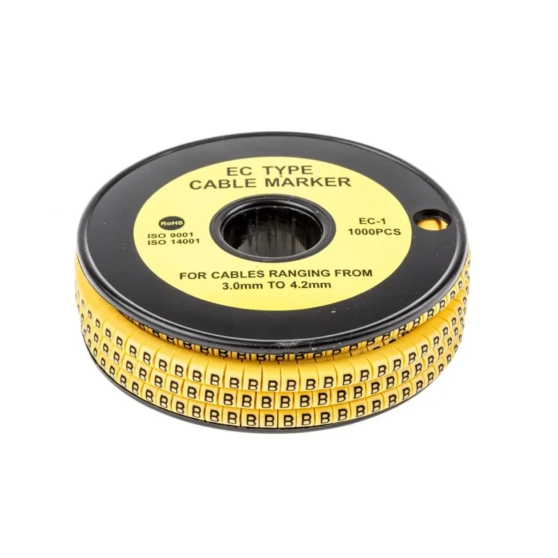 RS PRO EC Slide-On Cable Marker, Black, Pre-printed "B", Yellow Marker for 3 to 4.2 mm Cable, PVC Material, 85°C 812-0834