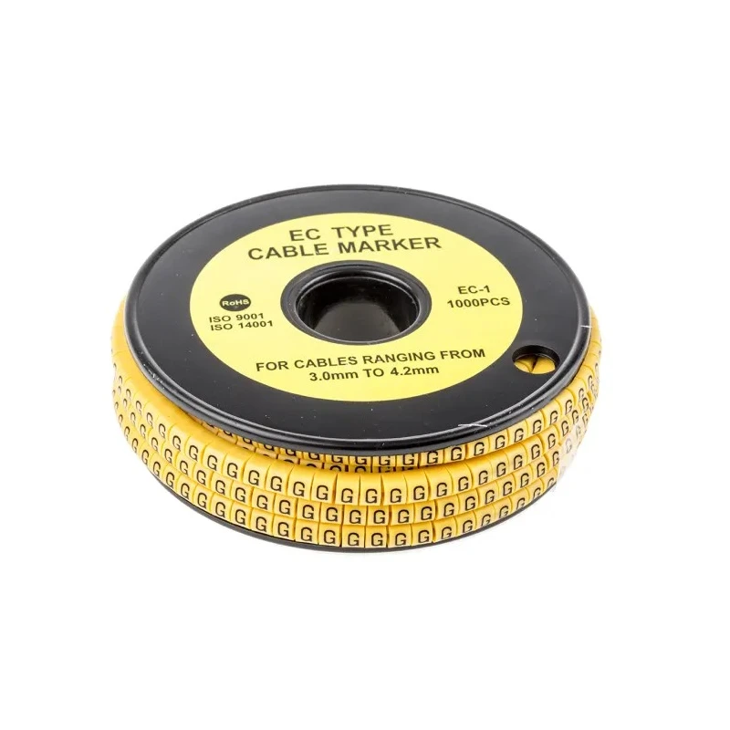RS PRO EC Slide-On Cable Marker, Black, Pre-printed G, Yellow PVC, 3 mm to 4.2 mm Cable Diameter, 85°C Max 812-0852