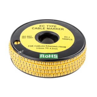 RS PRO EC Slide-On Cable Marker Polyvinyl Chloride, Black Legend on Yellow, 4.2 mm Max Cable Diameter, 3 mm Min 812-0865