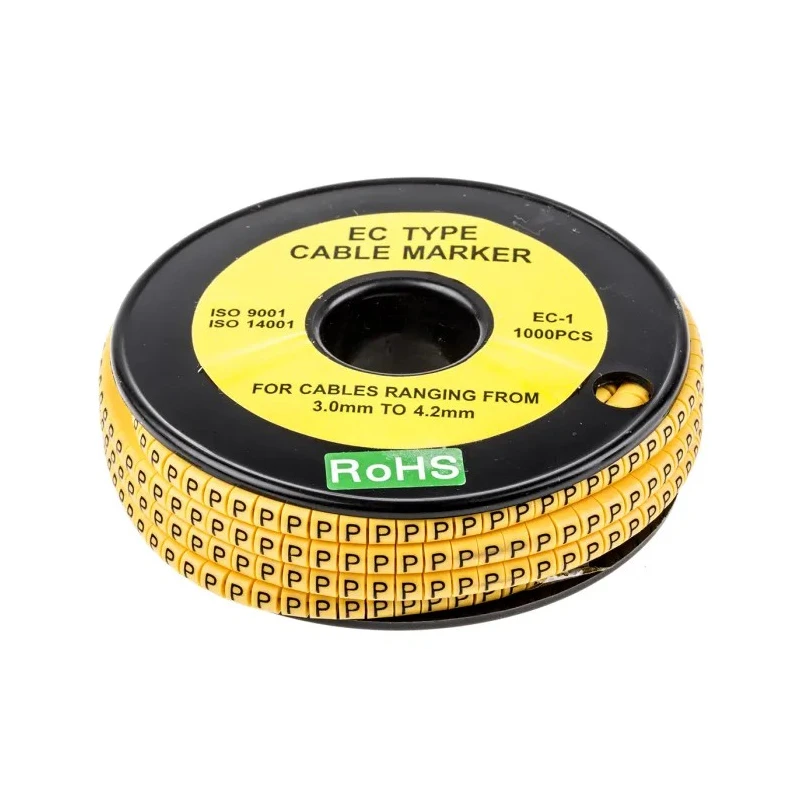 RS PRO EC Slide-On Cable Marker, Black Legend "P", Yellow Marker Colour for 3-4.2 mm Cable Diameter, Polyvinyl 812-0880