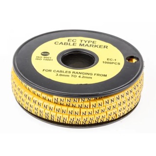 RS PRO EC Slide-On Cable Marker, Black, Pre-printed "N", Polyvinyl Chloride, Yellow, 3 mm to 4.2 mm Cable Diameter 812-0878