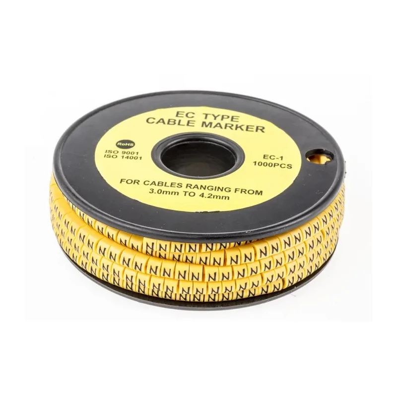 RS PRO EC Slide-On Cable Marker, Black, Pre-printed "N", Polyvinyl Chloride, Yellow, 3 mm to 4.2 mm Cable Diameter 812-0878