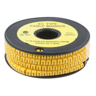 RS PRO EC Slide-On Cable Marker Black Pre-printed "1" Yellow PVC, 5mm Length, 3.6 to 7.4mm Cable Diameter 812-0935