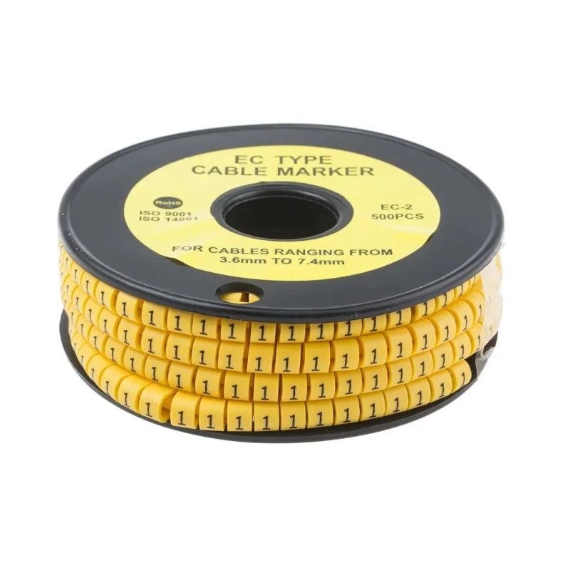 RS PRO EC Slide-On Cable Marker Black Pre-printed "1" Yellow PVC, 5mm Length, 3.6 to 7.4mm Cable Diameter 812-0935