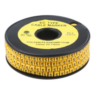 RS PRO EC Slide-On Cable Marker Black Pre-printed "5" for 3.6 to 7.4 mm Cable Yellow PVC Material 85°C 812-0950