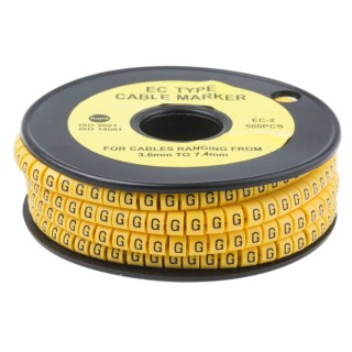 RS Pro EC Slide-On Cable Marker, Black Legend "G", Yellow PVC, 3.6-7.4 mm Cable Diameter, 5 mm Length, RoHS 812-0985