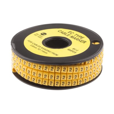 RS PRO EC Slide-On Cable Marker Black Pre-printed "2" for 3.6-7.4 mm Cable, Yellow PVC, 5mm Length 812-0944