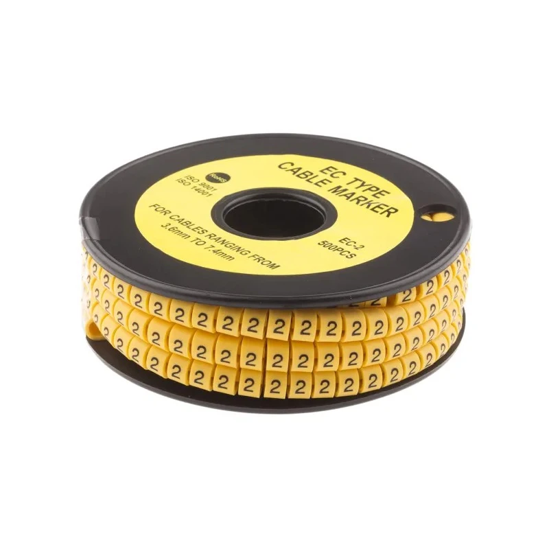 RS PRO EC Slide-On Cable Marker Black Pre-printed "2" for 3.6-7.4 mm Cable, Yellow PVC, 5mm Length 812-0944