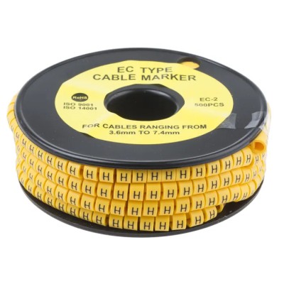 RS Pro EC Slide-On Cable Marker, Black Legend "H", Yellow Marker, 7.4 mm Maximum Cable Diameter, 3.6 mm Minimum 812-0994