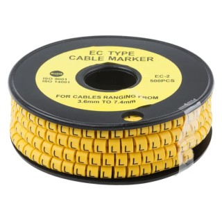 RS PRO EC Slide-On Cable Marker Black Pre-printed "L" for 3.6 to 7.4 mm Cable Yellow PVC 85°C 812-1007