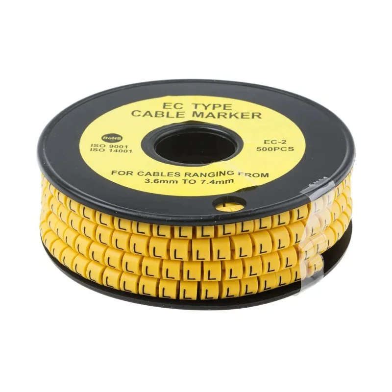 RS PRO EC Slide-On Cable Marker Black Pre-printed "L" for 3.6 to 7.4 mm Cable Yellow PVC 85°C 812-1007