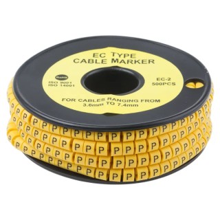 RS Pro EC Slide-On Cable Marker Black Pre-Printed "P" Yellow PVC 7.4 mm Max Cable Diameter 3.6 mm Min Cable Diameter 812-1017