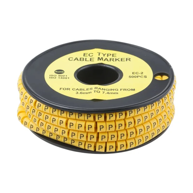 RS Pro EC Slide-On Cable Marker Black Pre-Printed "P" Yellow PVC 7.4 mm Max Cable Diameter 3.6 mm Min Cable Diameter 812-1017