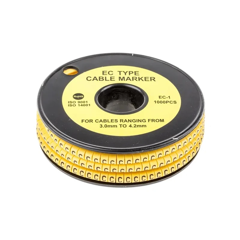 RS PRO EC Slide-On Cable Marker Yellow, Black Legend "C", 3 mm to 4.2 mm Cable Diameter, Polyvinyl Chloride 812-0843