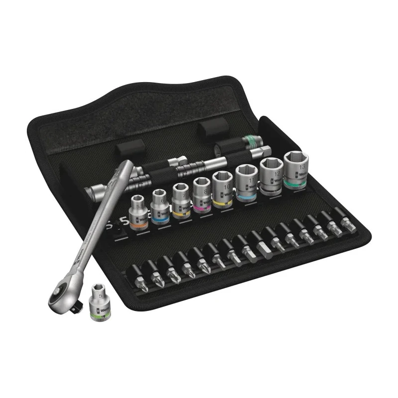 Wera 28-Piece 1/4 Inch Zyklop Socket Set Chrome Molybdenum Steel Square Drive 5 to 13 mm 05004017001