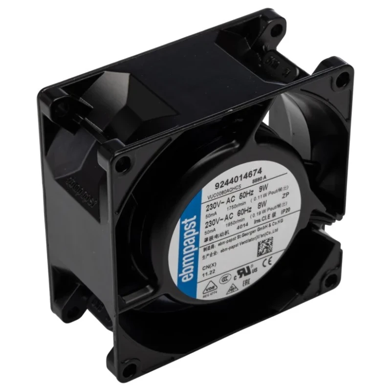 ebm-papst 8000 A Series AC Ball and Sleeve Bearing Axial Fan 230V AC, 9W Power, 29 m³/h Air Flow, IP65, 80 mm Frame Size 