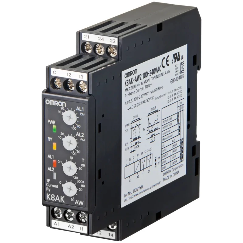Omron Monitoring Relay, 1 Phase, SPDT Contact, DIN Rail Mount, 10A to 200A, 24 V DC / 240 V AC K8AK-AW3 100-240VAC