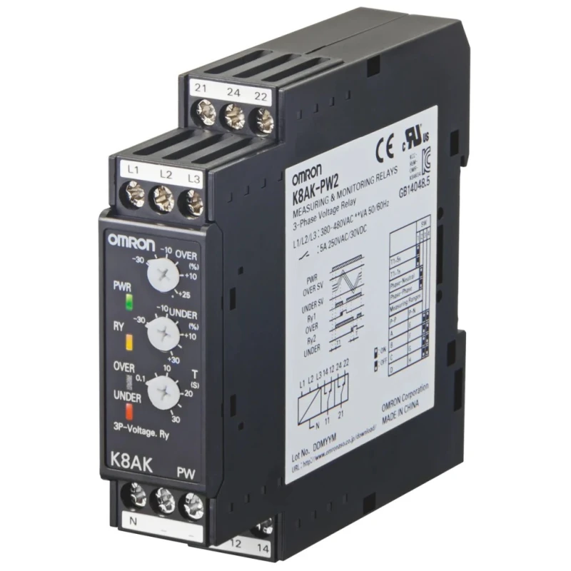 Omron 3 Phase Monitoring Relay 380/480 V AC Monitor Range, SPDT, DIN Rail Mount K8AKPW2380480VAC