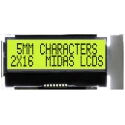 Midas MCCOG Alphanumeric LED LCD Monochrome Display, Yellow, Green on Yellow, 2 x 16 MCCOG21605B6W-SPTLYI