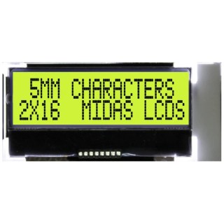 Midas MCCOG Alphanumeric LED LCD Monochrome Display, Yellow, Green on Yellow, 2 x 16 MCCOG21605B6W-SPTLYI