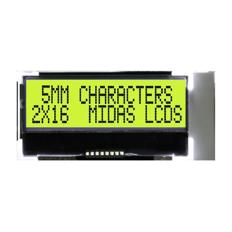 Midas MCCOG Alphanumeric LED LCD Monochrome Display, Yellow, Green on Yellow, 2 x 16 MCCOG21605B6W-SPTLYI