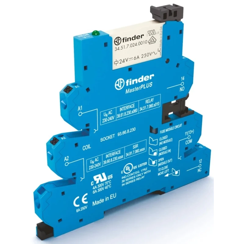 Finder 39 Series Electromechanical Interface Relay DIN Rail Mount 60V AC/DC Coil SPDT 6A Switching Current 39.61.0.060.0060