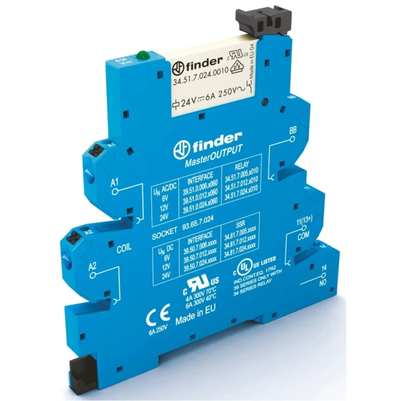 Finder Electromechanical Interface Relay DIN Rail Mount 230V ac Coil SPST 6A 4.3mA Coil Current 39.51.8.230.0060