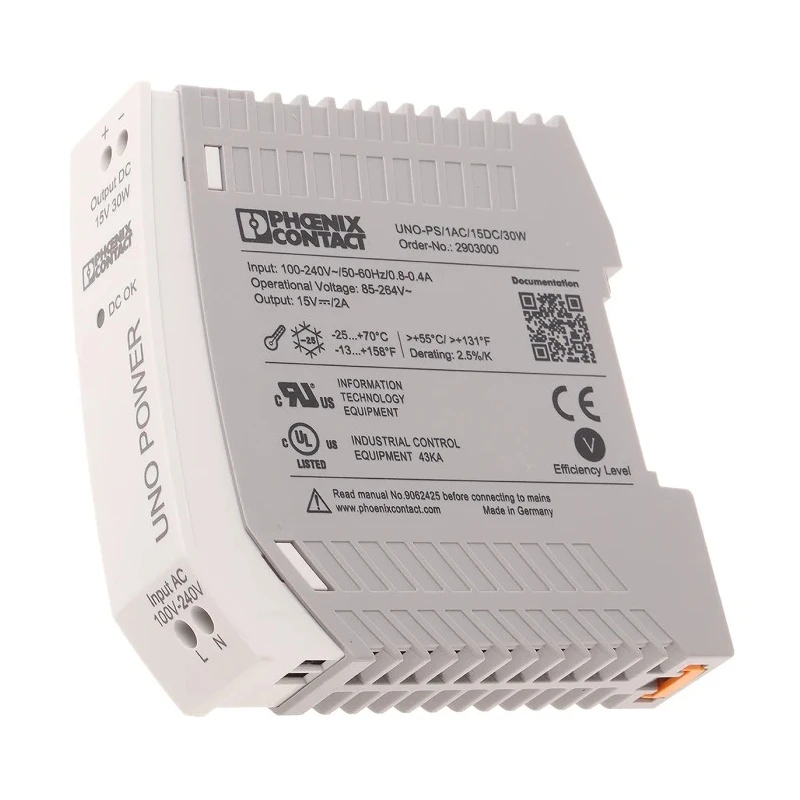 Phoenix Contact UNO POWER Switched Mode DIN Rail Power Supply 1 Phase 264V AC Input 15V DC 2A Output 30W 2903000