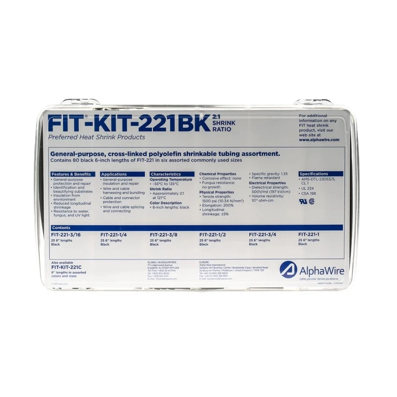 Alpha Wire Heat Shrink Tubing Black Polyolefin 2:1 Shrink Ratio FIT Shrink Tubing Series FKIT221BK BK032