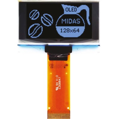 Midas 1.54 in Passive Matrix Blue OLED Display 128 x 64 Pixel TAB I2C, Parallel, SPI MCOT128064BY-BM