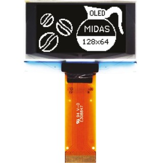 Midas 1.54 in Passive Matrix White OLED Display 128 x 64 Pixel TAB I2C, Parallel, SPI MCOT128064BY-WM