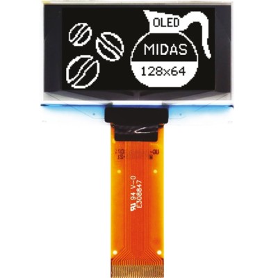 Midas 1.54 in Passive Matrix White OLED Display 128 x 64 Pixel TAB I2C, Parallel, SPI MCOT128064BY-WM