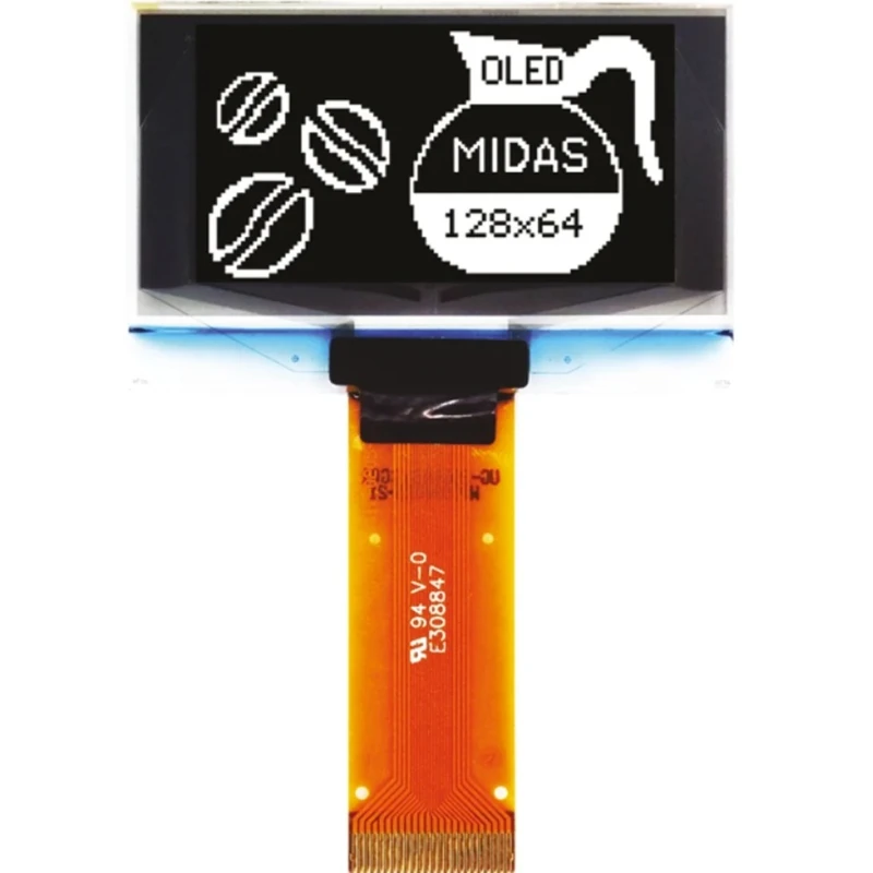 Midas 1.54 in Passive Matrix White OLED Display 128 x 64 Pixel TAB I2C, Parallel, SPI MCOT128064BY-WM