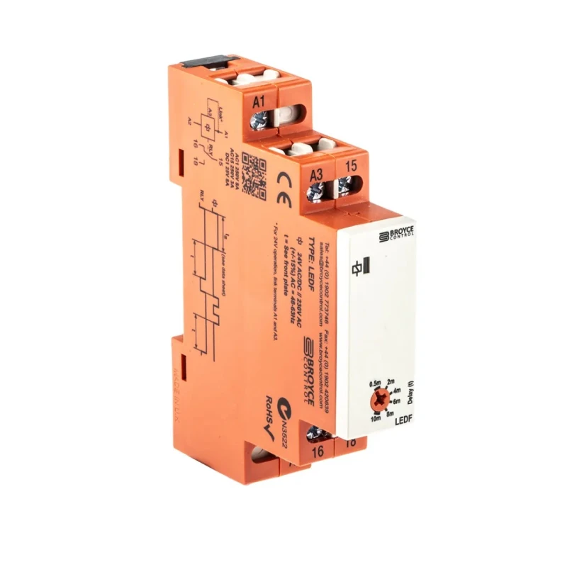 Broyce Control LEDF Series DIN Rail Timer Relay 1-Contact 24 V dc 230 V ac 24 V ac 0.5 to LEDF 24VAC/DC/230VAC. 0.5-10 Mins