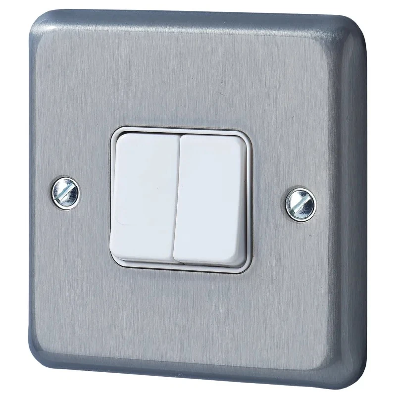 MK Electric Albany Plus 2 Gang 2 Way Tamperproof Fuse Carrier Screw Intelligent Dimmer DP Light Switch, Brushed K4672BRC